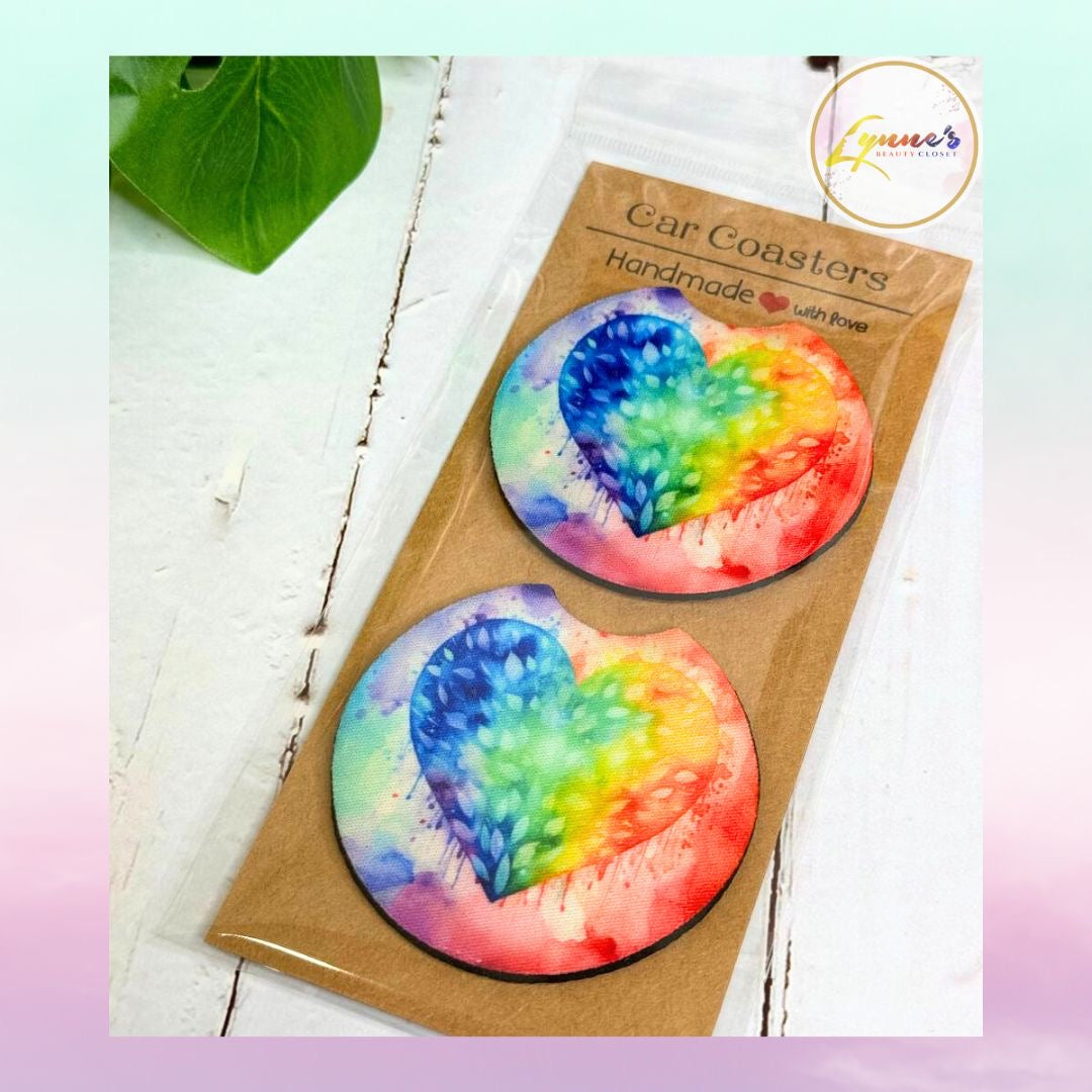 Car Coasters - Colorful Heart - 1 Pair - Lynne's Beauty Closet