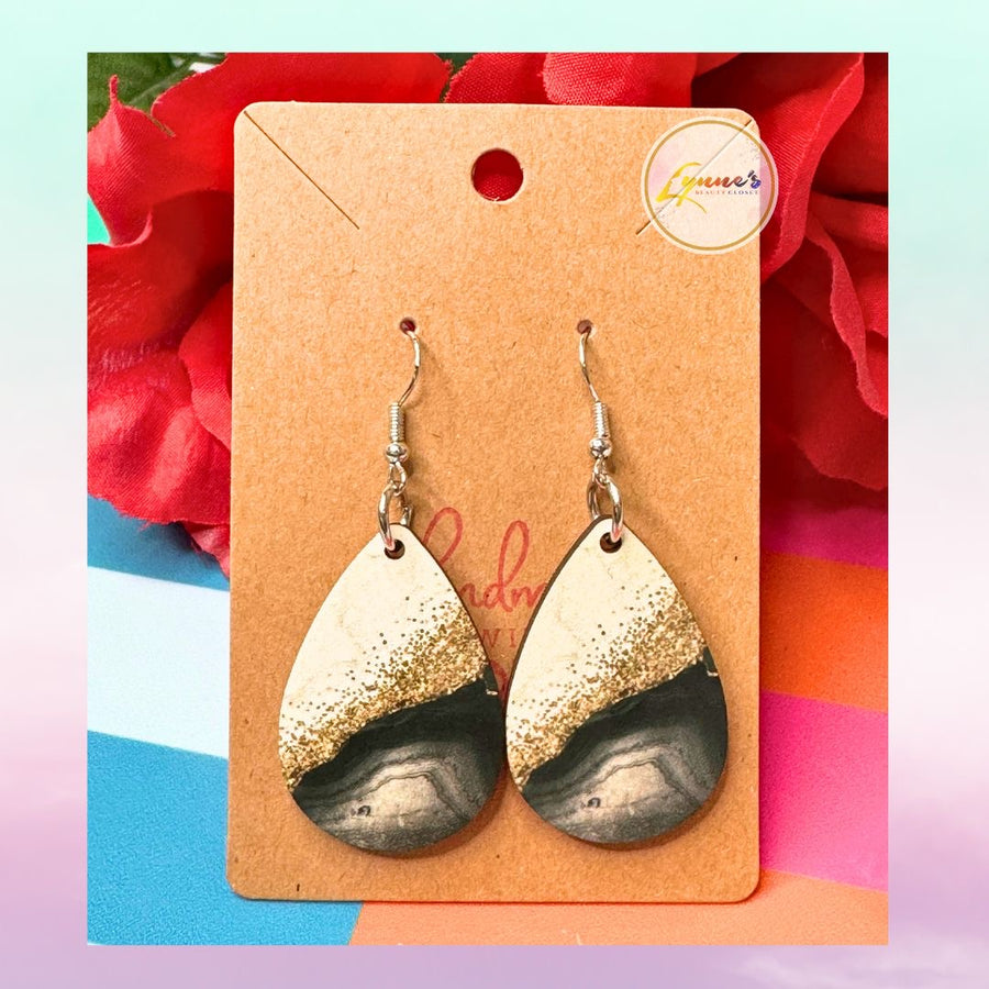 Teardrop Earrings - Black Marble with Gold - 1Pair - Lynne's Beauty Closet